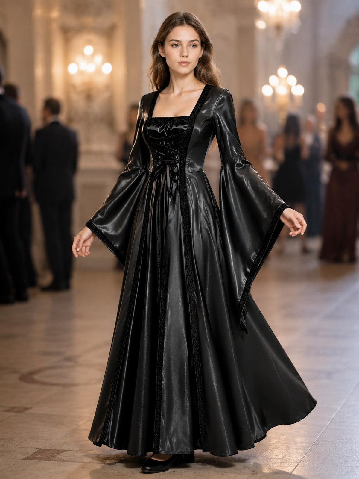 Long Black Costume Dress with Corset Bodice lifestyle view