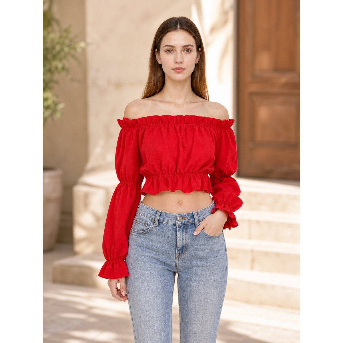 Red Cropped Off-the-Shoulder Top lifestyle view