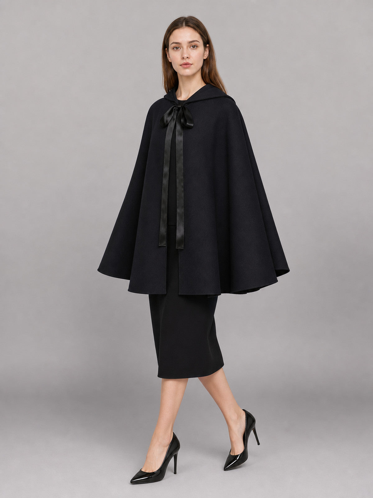 Black Costume Cloak with Hood and Ties