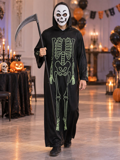 Black Skeleton Costume with Hood, Mask, and Scythe