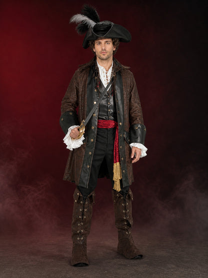 Adult Pirate Costume Set with Tricorn Hat, Long Coat, Belt and Boot Covers main product view