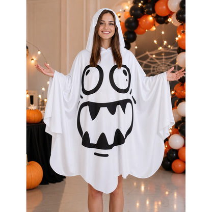 White hooded poncho costume with a black cartoon ghost face and flowing sleeves, shown full-body at a Halloween party