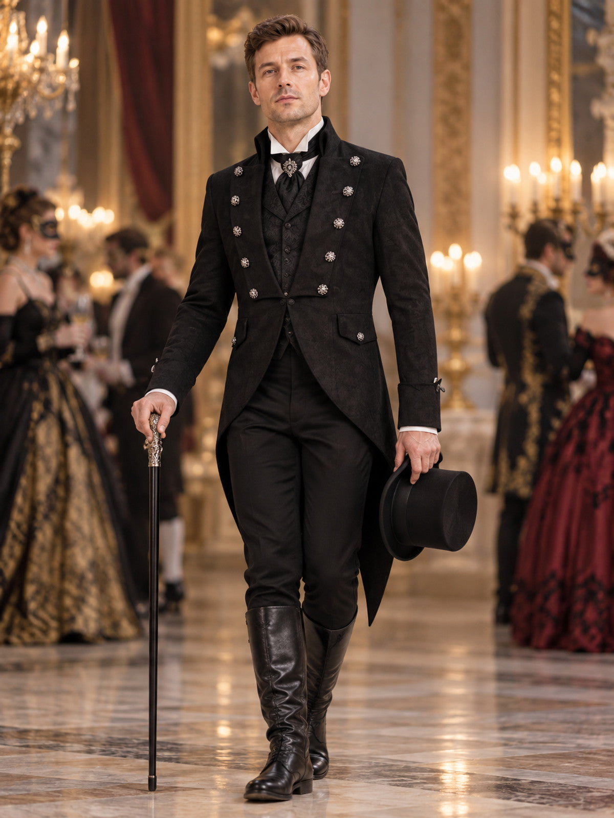 Black tailcoat with high collar and silver buttons