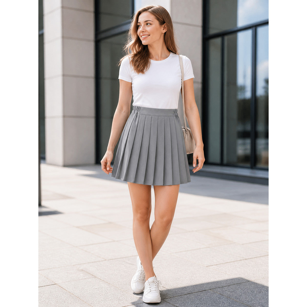 Gray Pleated Short Skirt with Elastic Waistband lifestyle view