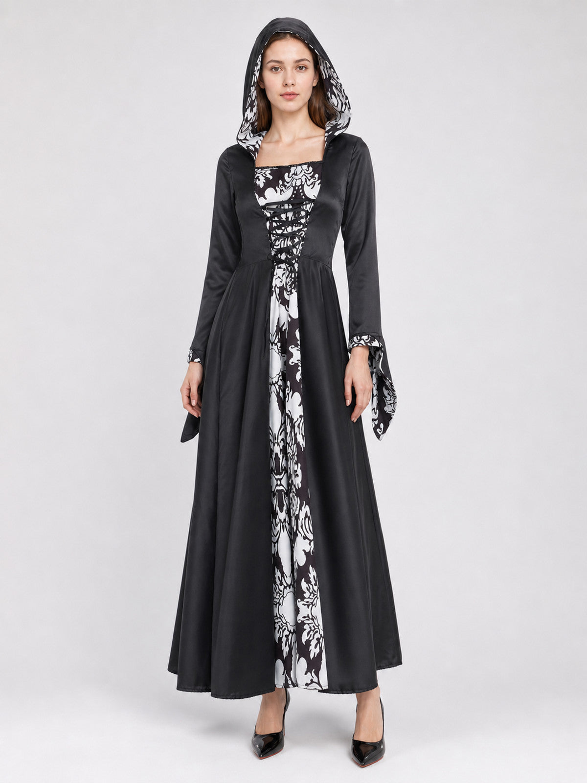 Black-and-White Gothic Hooded Dress Costume Dresses detail