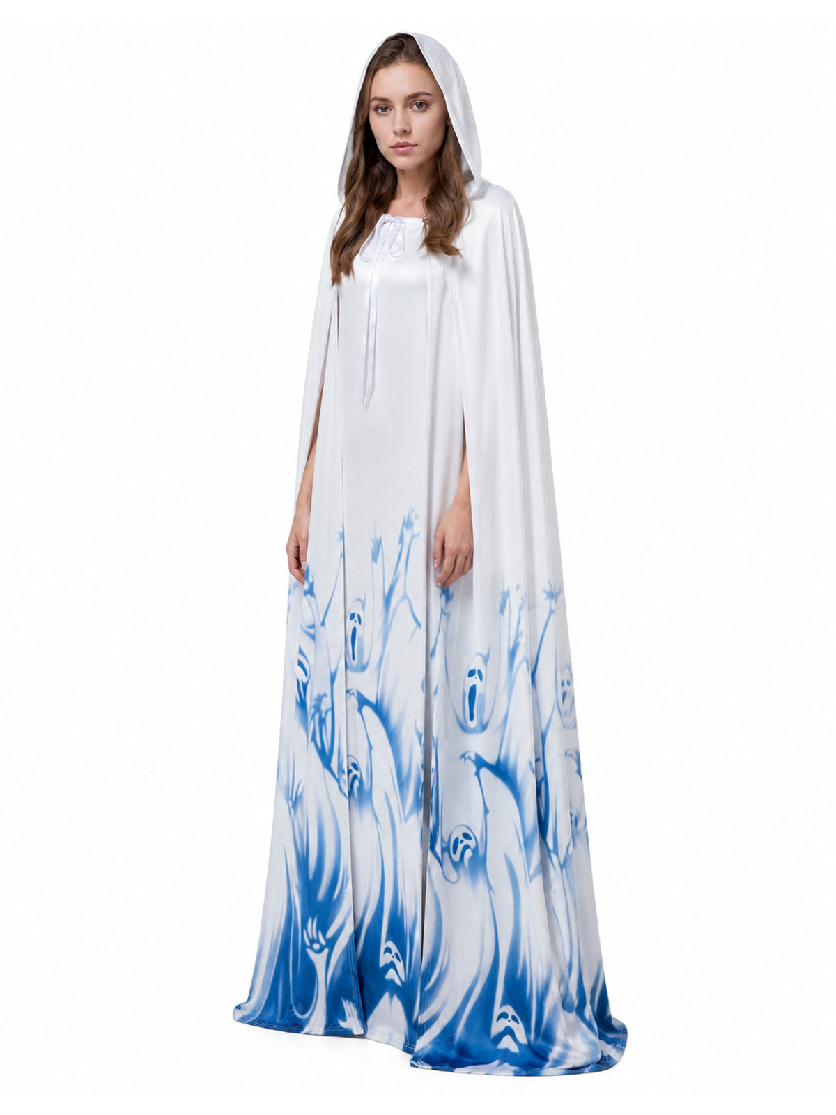 Long Hooded Robe, White with Blue Print