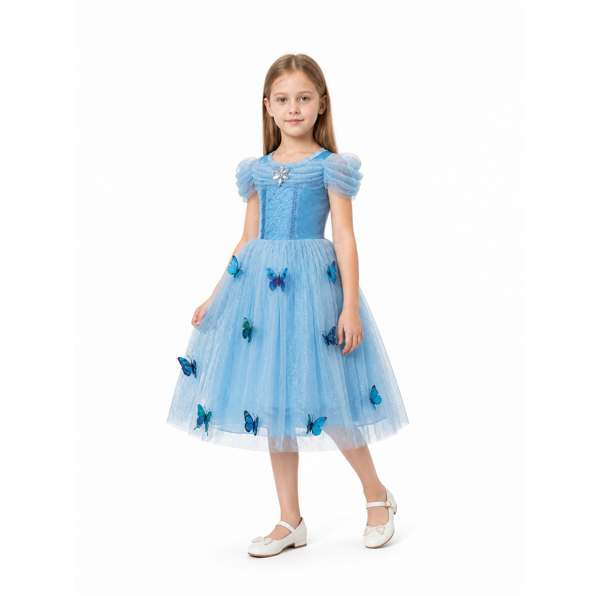 Blue Layered Children's Dress with Butterflies Costume Dresses detail
