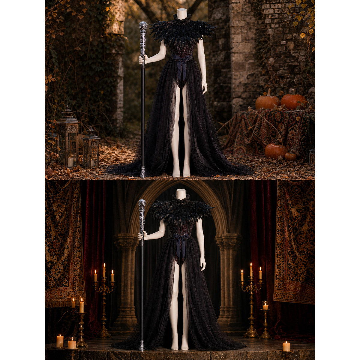 Black Gothic Witch Costume Set With Long Mesh Skirt, Feather Collar, Demon Horn Headdress, Fishnet Stockings And Silver-Topped Scepter Prop