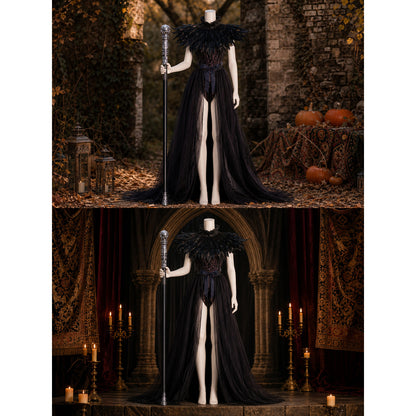 Black Gothic Witch Costume Set With Long Mesh Skirt, Feather Collar, Demon Horn Headdress, Fishnet Stockings And Silver-Topped Scepter Prop