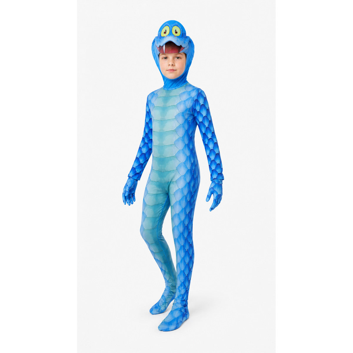 Blue Monster Jumpsuit with Scales, Headpiece, and Gloves Costume Headwear detail