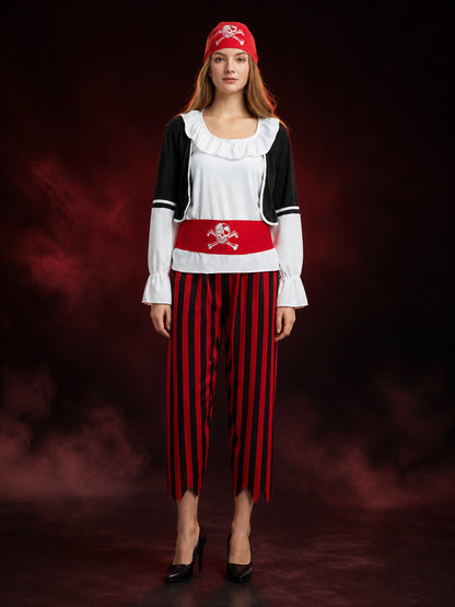 Adult Pirate Costume Set, Skull Crossbones Top, Striped Pants, Belt & Headscarf main product view