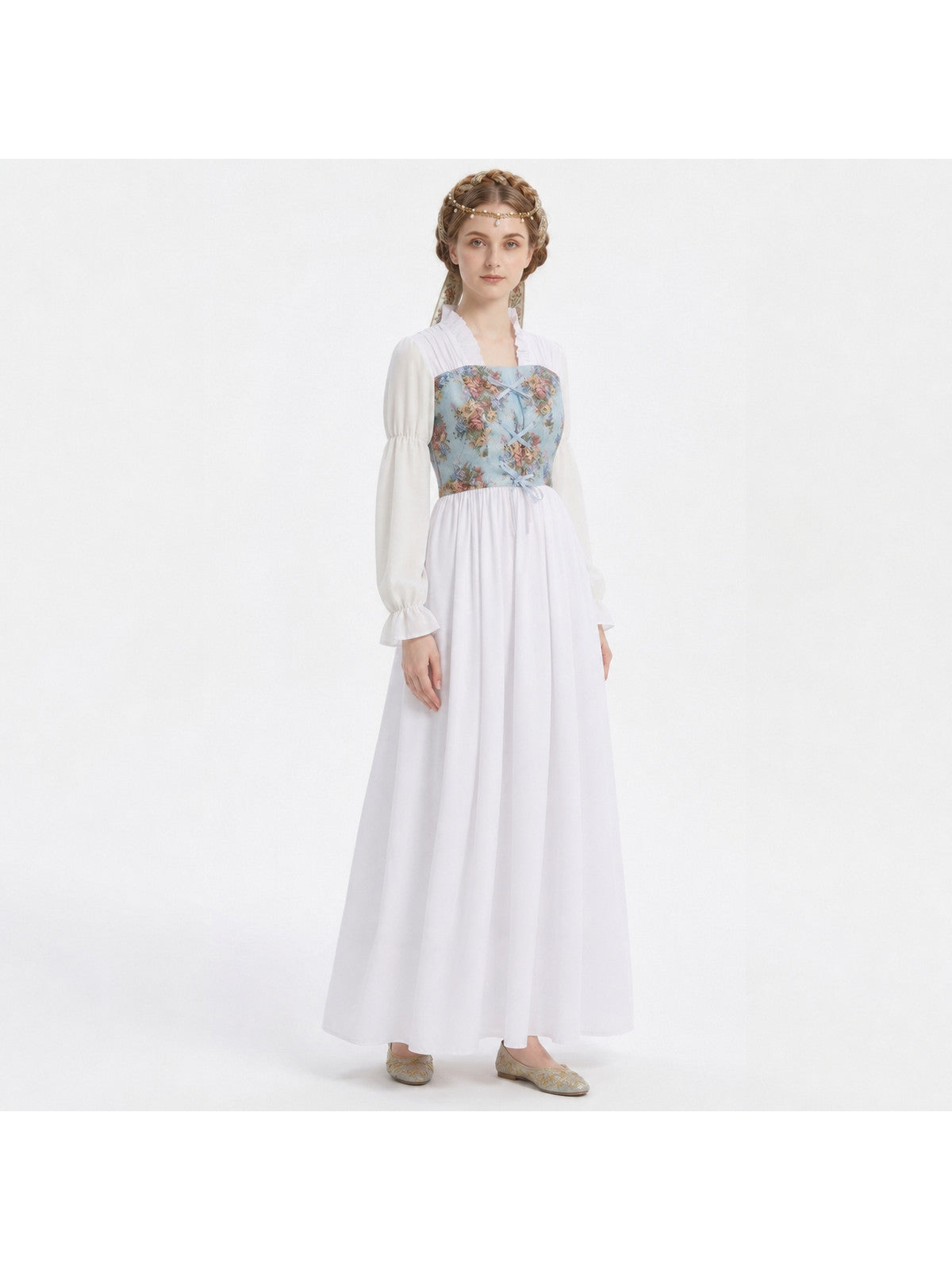 Long Retro Dress with Floral Print and Corset Costume Dresses detail