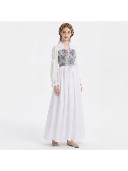 Long Retro Dress with Floral Print and Corset Costume Dresses detail