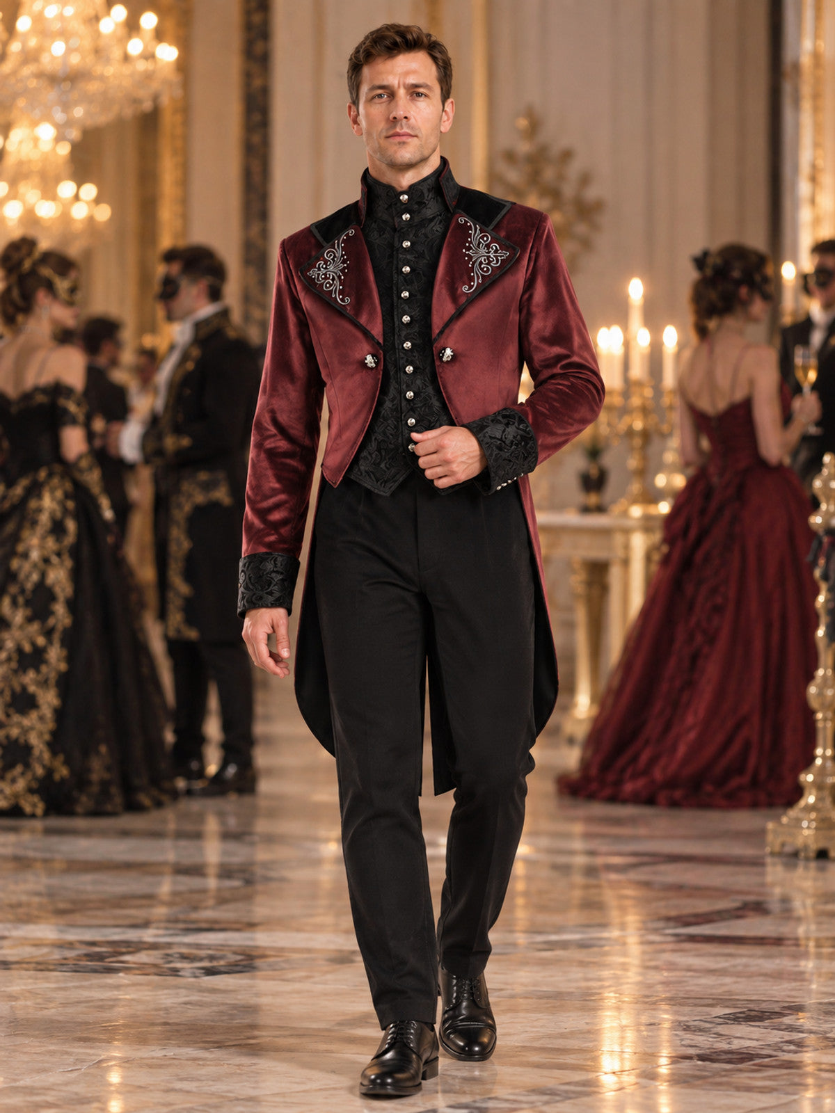 Burgundy carnival tailcoat with black lace