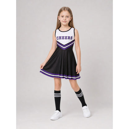 Cheerleading costume with pom-poms, dress, and leg warmers on-model front view