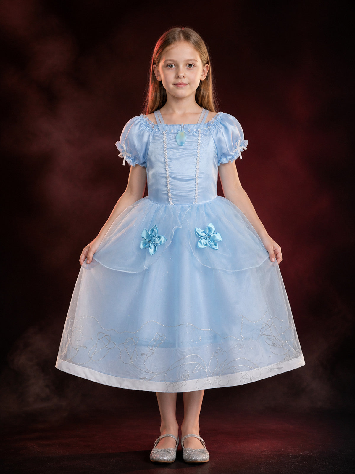 Kids Princess Costume Dress, Light Blue Puffy Sleeve Tutu Skirt with Flower