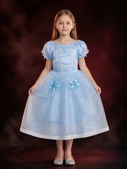 Kids Princess Costume Dress, Light Blue Puffy Sleeve Tutu Skirt with Flower