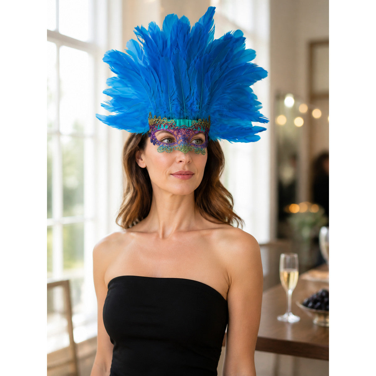 Carnival Feather Headpiece with Blue Feathers and Eye Mask lifestyle view