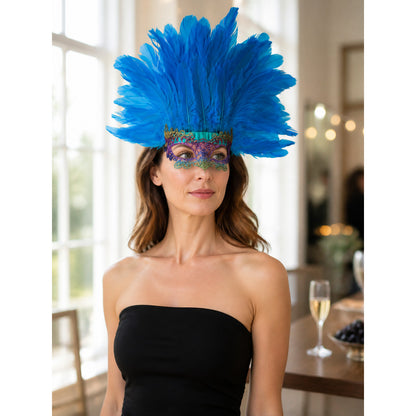 Carnival Feather Headpiece with Blue Feathers and Eye Mask lifestyle view
