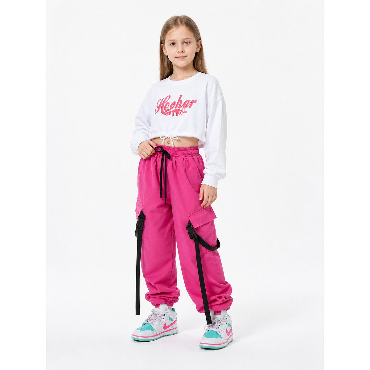 Kids' Set: White Printed Top and Pink Cargo Pants product detail