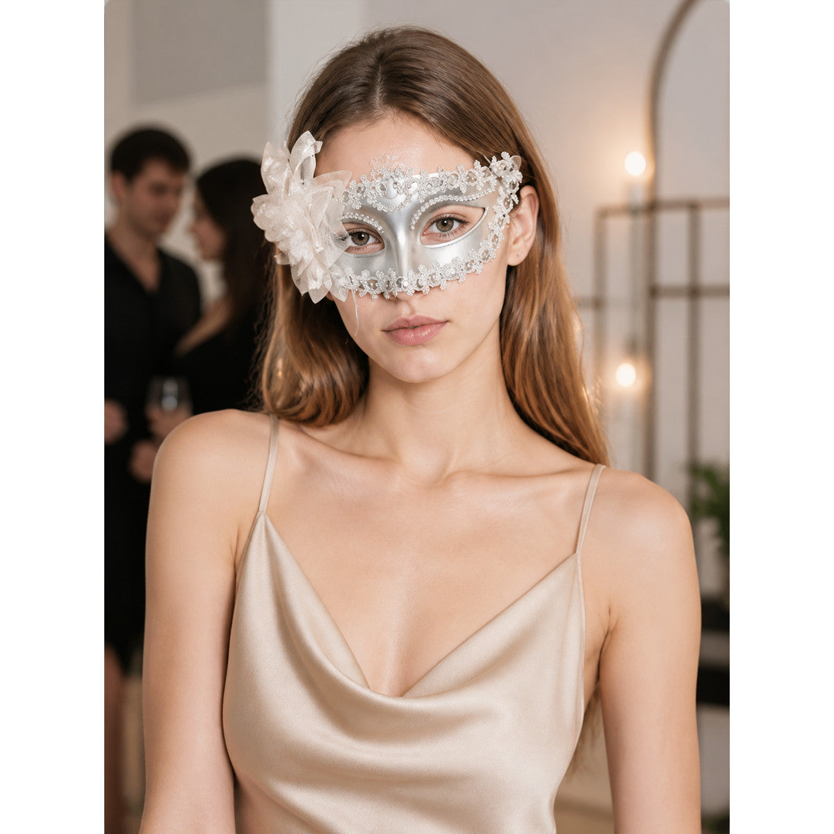 Carnival Mask with a White Feather for Halloween and Cosplay lifestyle view