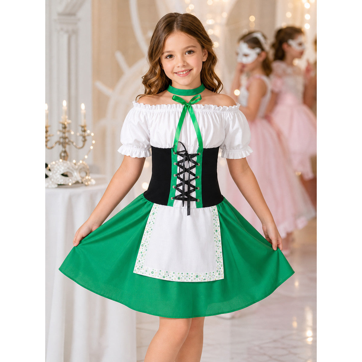 The dress is designed in a combination of white, green, and black. The silhouette emphasizes the waist and features a flared skirt. The design is finished with voluminous white short sleeves, a green tie collar, and green polka-dot trim. Th