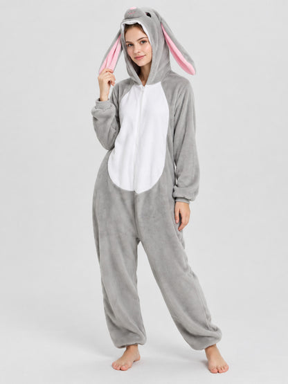 Gray Pajama Jumpsuit with Hood and Bunny Ears