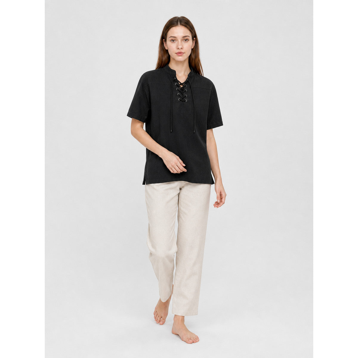 Short-Sleeve Lace-Up Shirt, Black