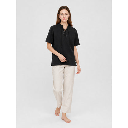 Short-Sleeve Lace-Up Shirt, Black