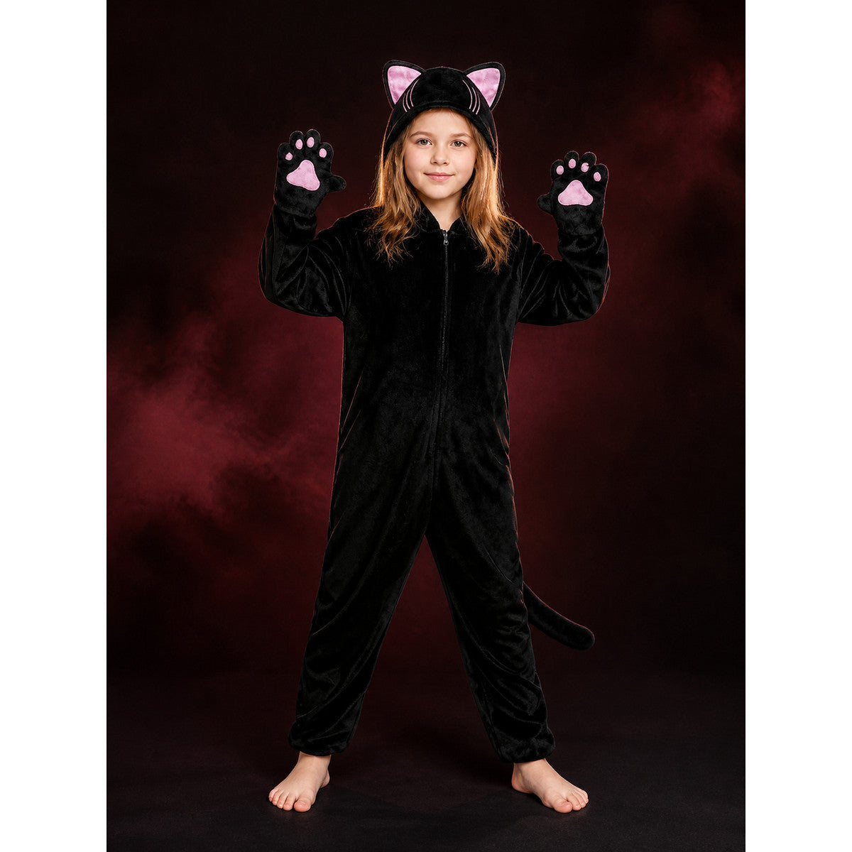Girls Black Cat Hooded Jumpsuit Costume With Pink Paw Pads For Halloween main product view