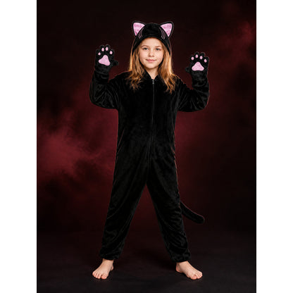 Girls Black Cat Hooded Jumpsuit Costume With Pink Paw Pads For Halloween main product view