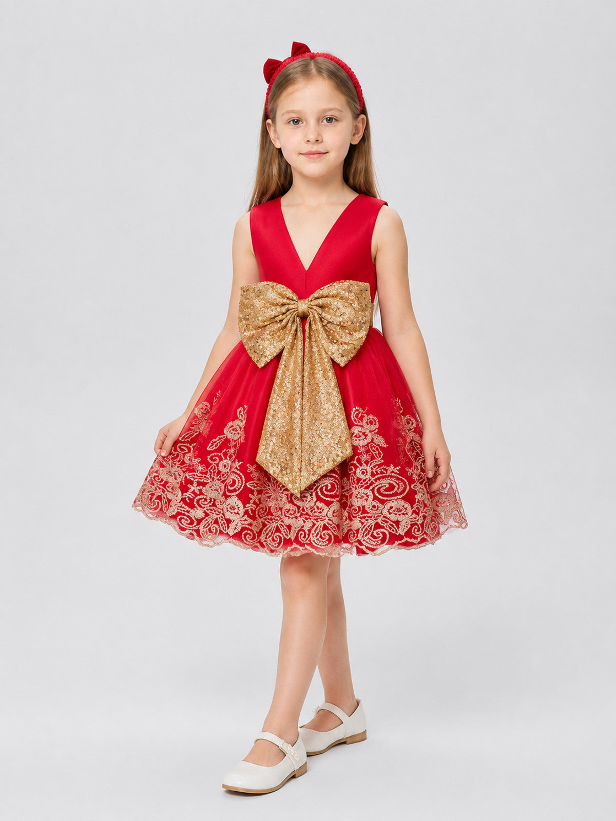 Princess Dress in Red with Gold Embroidery and Bow Costume Dresses detail