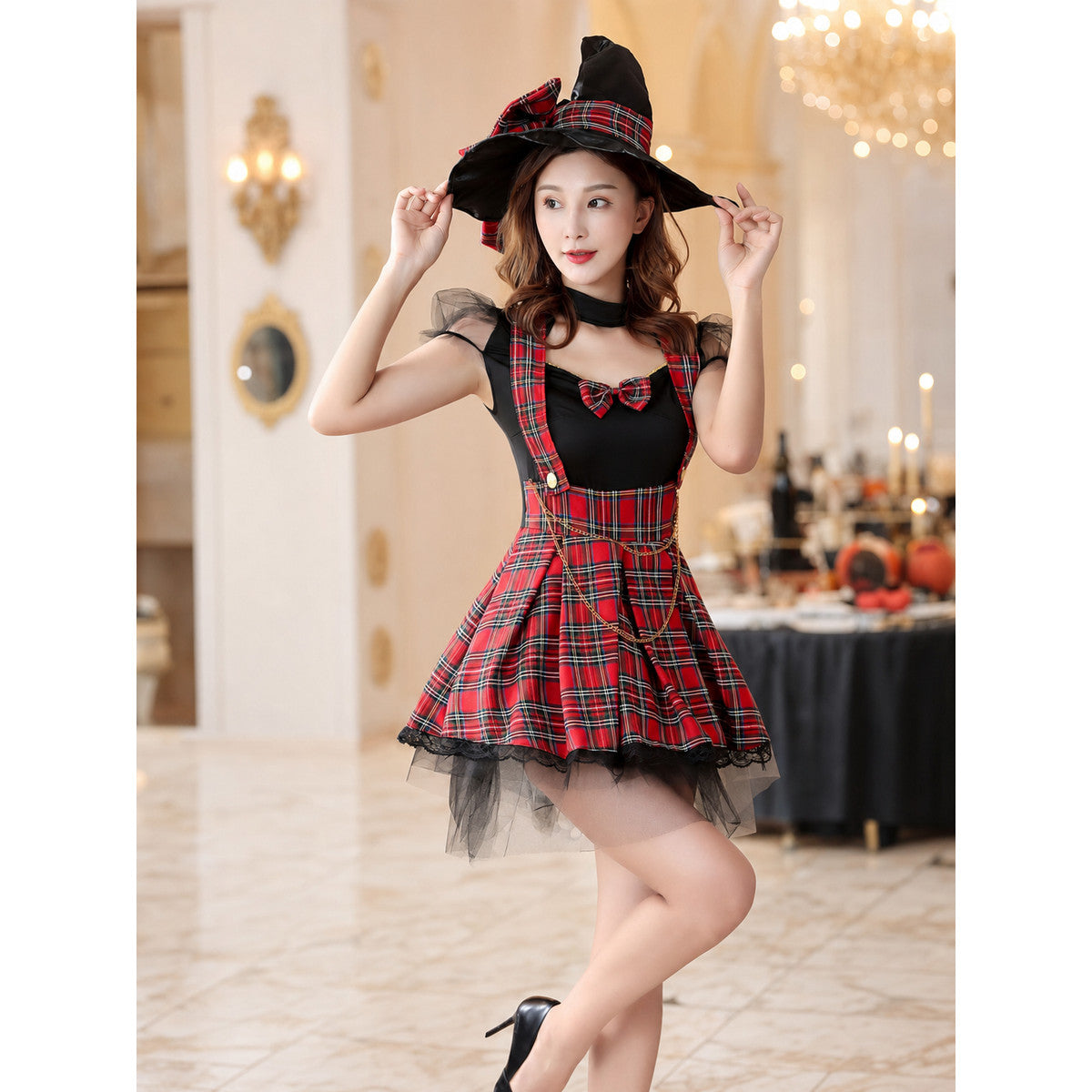 Short Red-and-Black Plaid Cosplay Dress lifestyle view