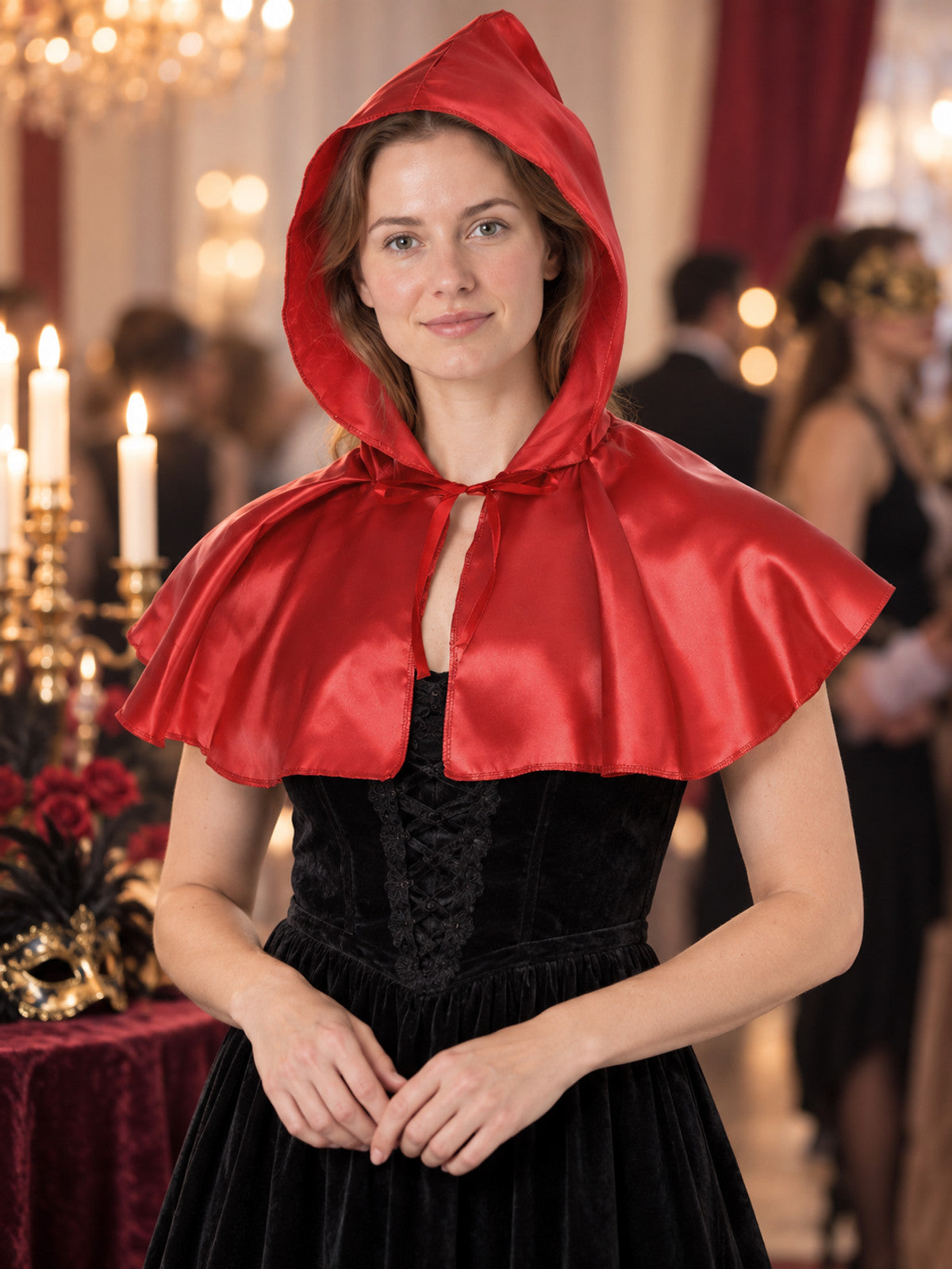 Red Short Glossy Hooded Cape with Ties