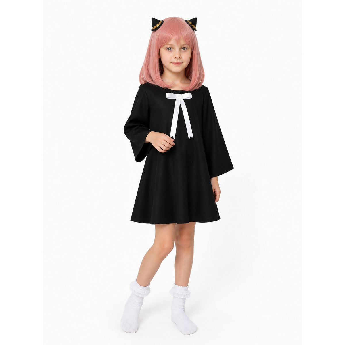 Anya Costume with Black Dress, Pink Wig, and Horns Costume Dresses detail