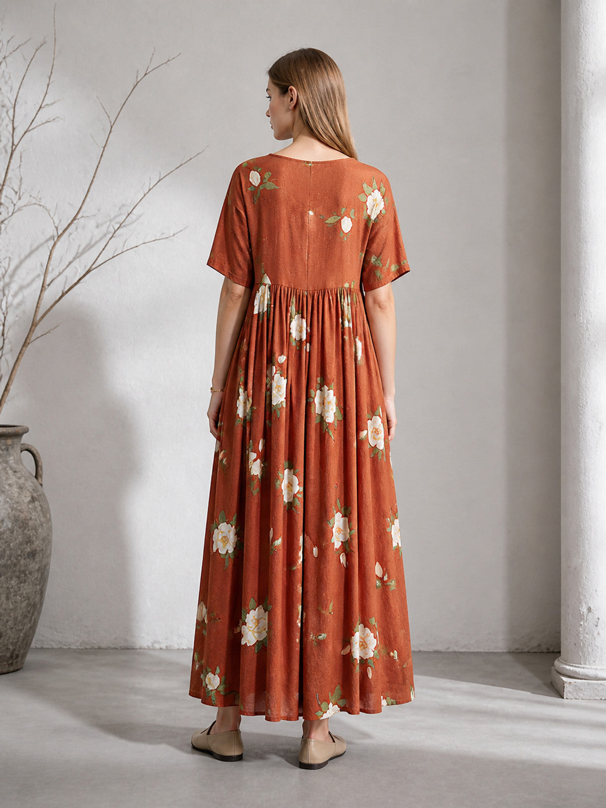 Rust Red Floral Print Short Sleeve Long Dress with Pleated High Waist and A-Line