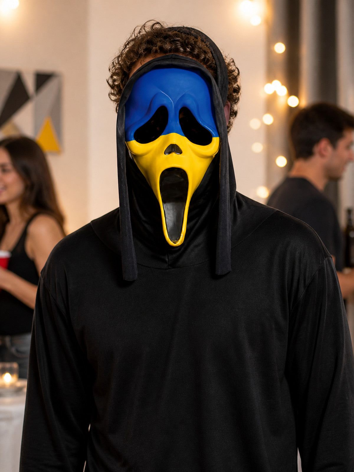 Scary Two-Tone Carnival Mask with Black Hood