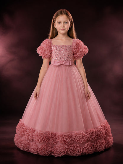 Girls' Princess Formal Dress with Sequined Bodice, Puff Sleeves, Tulle Skirt and main product view