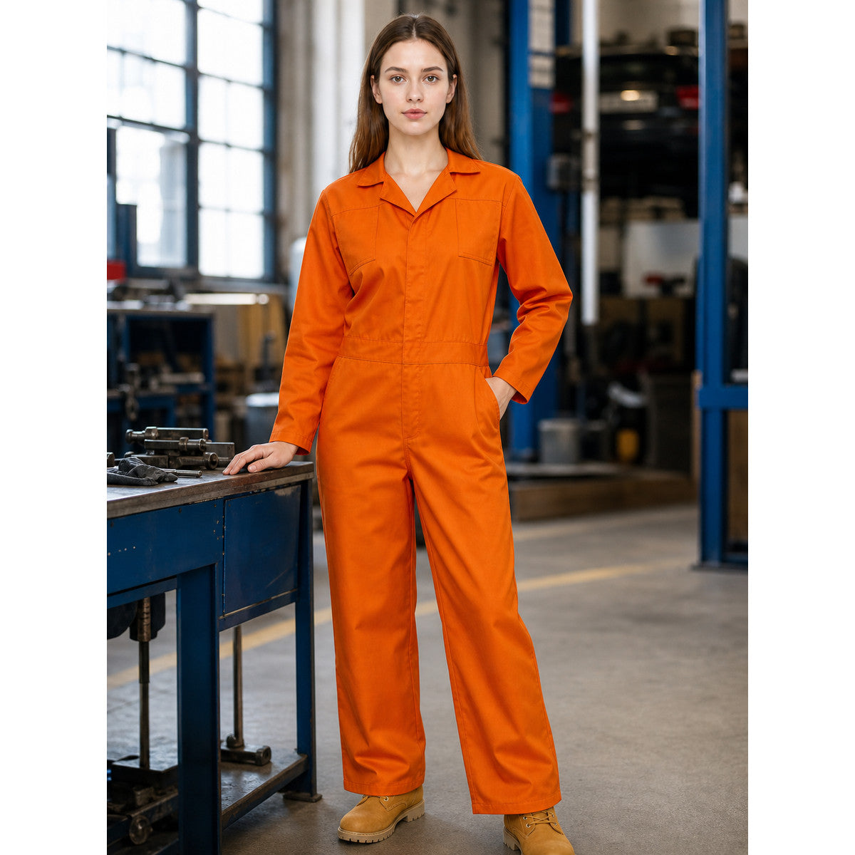 Woman wearing an orange jumpsuit in a workshop, shown beside a workbench with one hand in a pocket and tan work boots