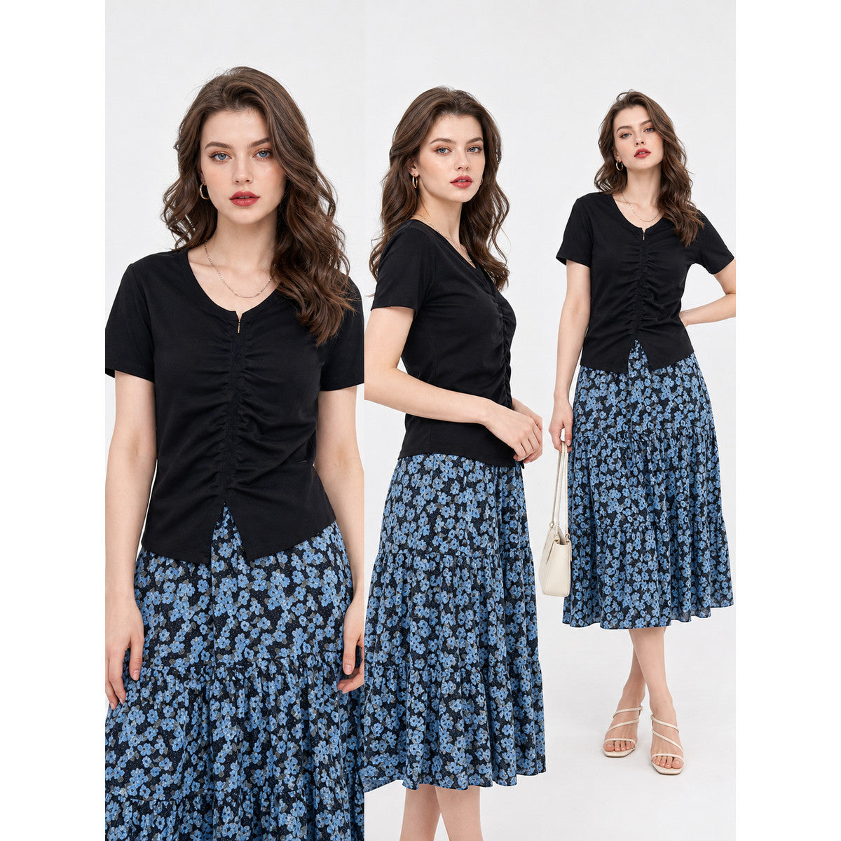 Black V-Neck Ruched Short-Sleeve Top lifestyle view
