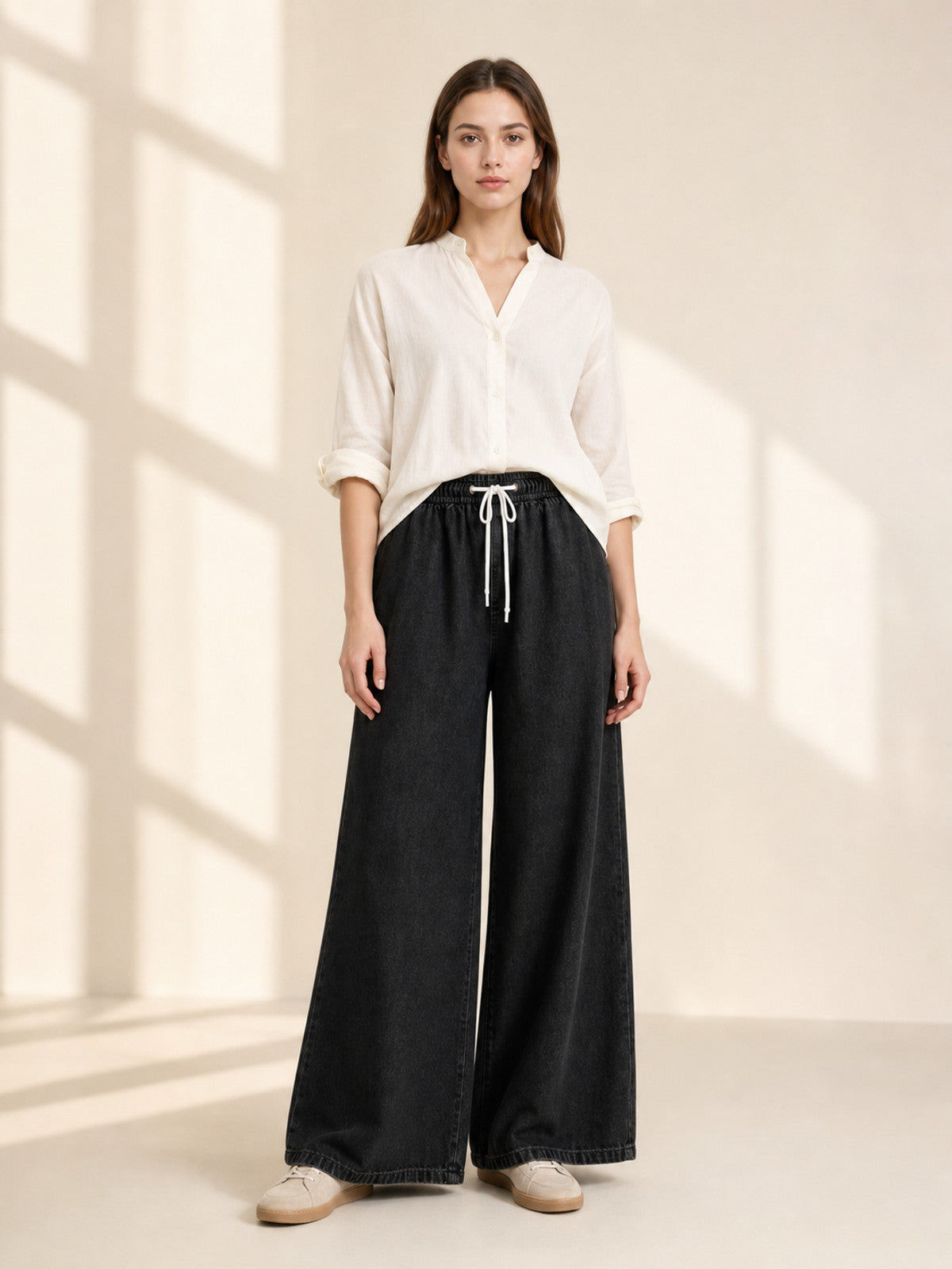 Wide Black Drawstring Pants with Pockets