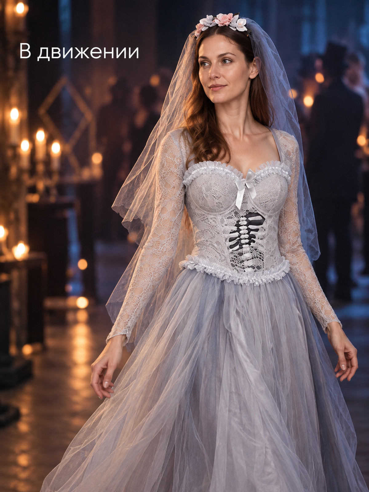 Gray carnival dress with a voluminous skirt and lacing