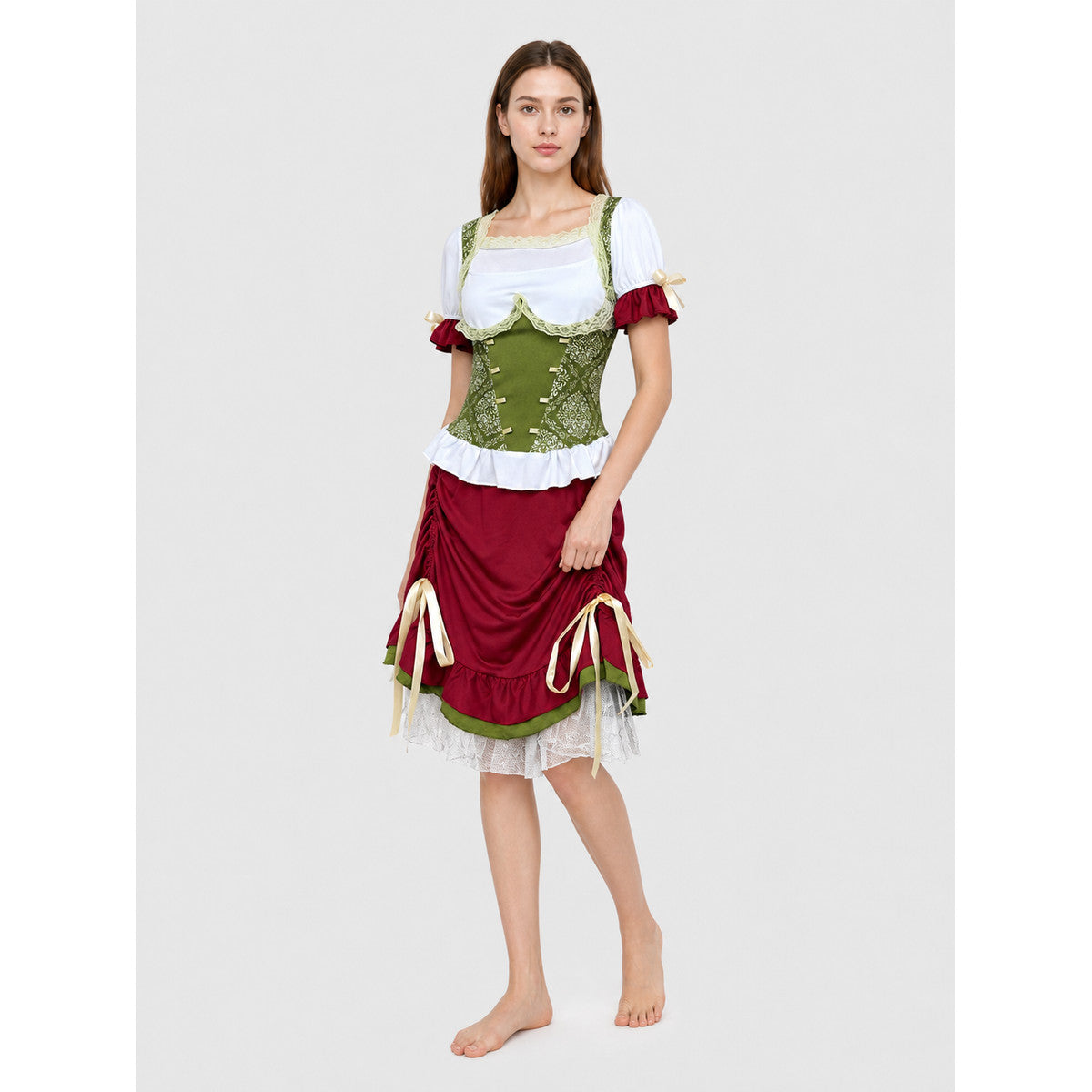 Costume with a corset-style top, skirt, hat, and ribbons