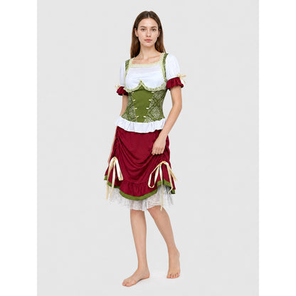 Costume with a corset-style top, skirt, hat, and ribbons