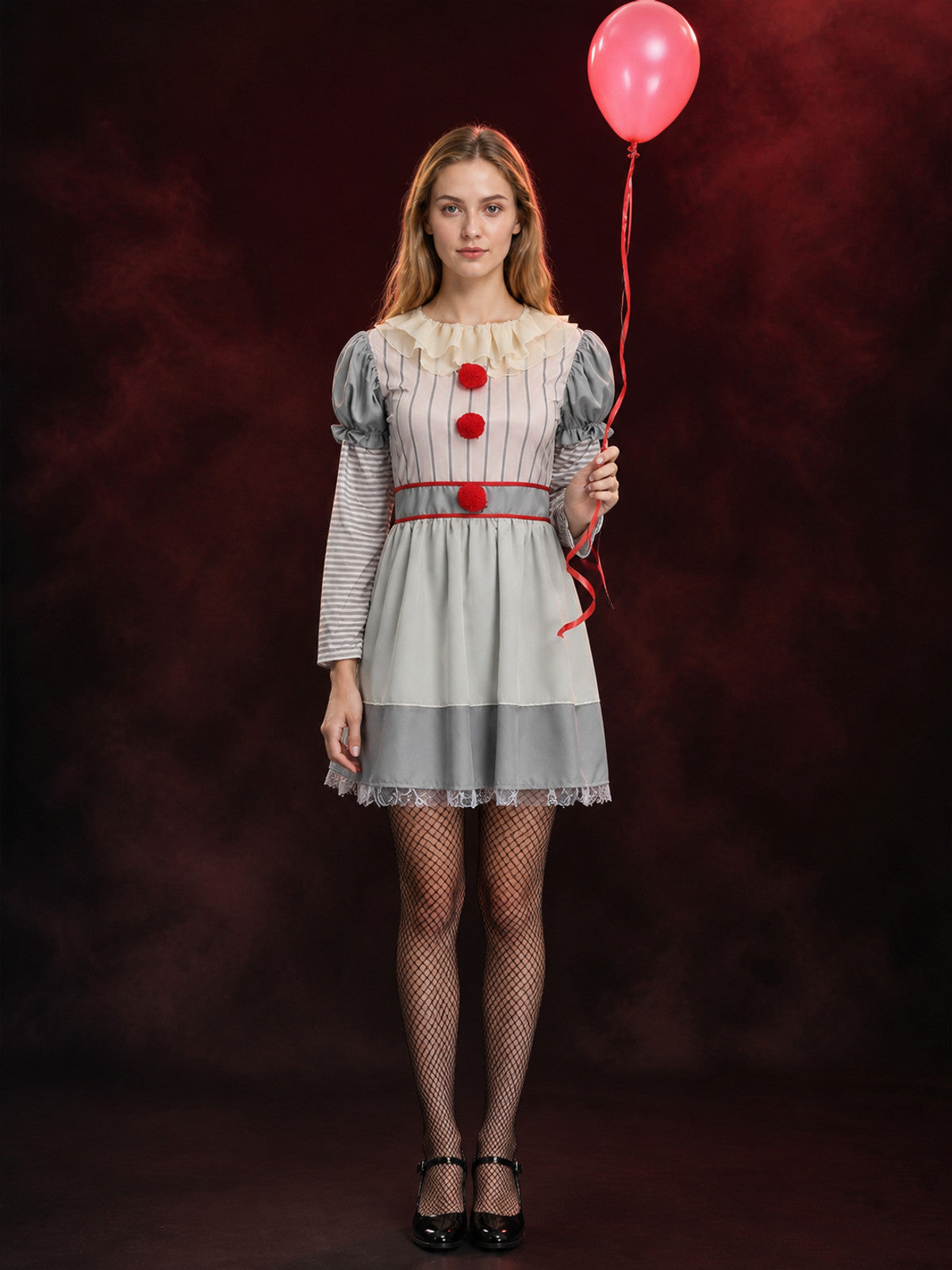 Clown Costume Dress, Striped Short Sleeve with Ruffle Collar and Red Pom Poms