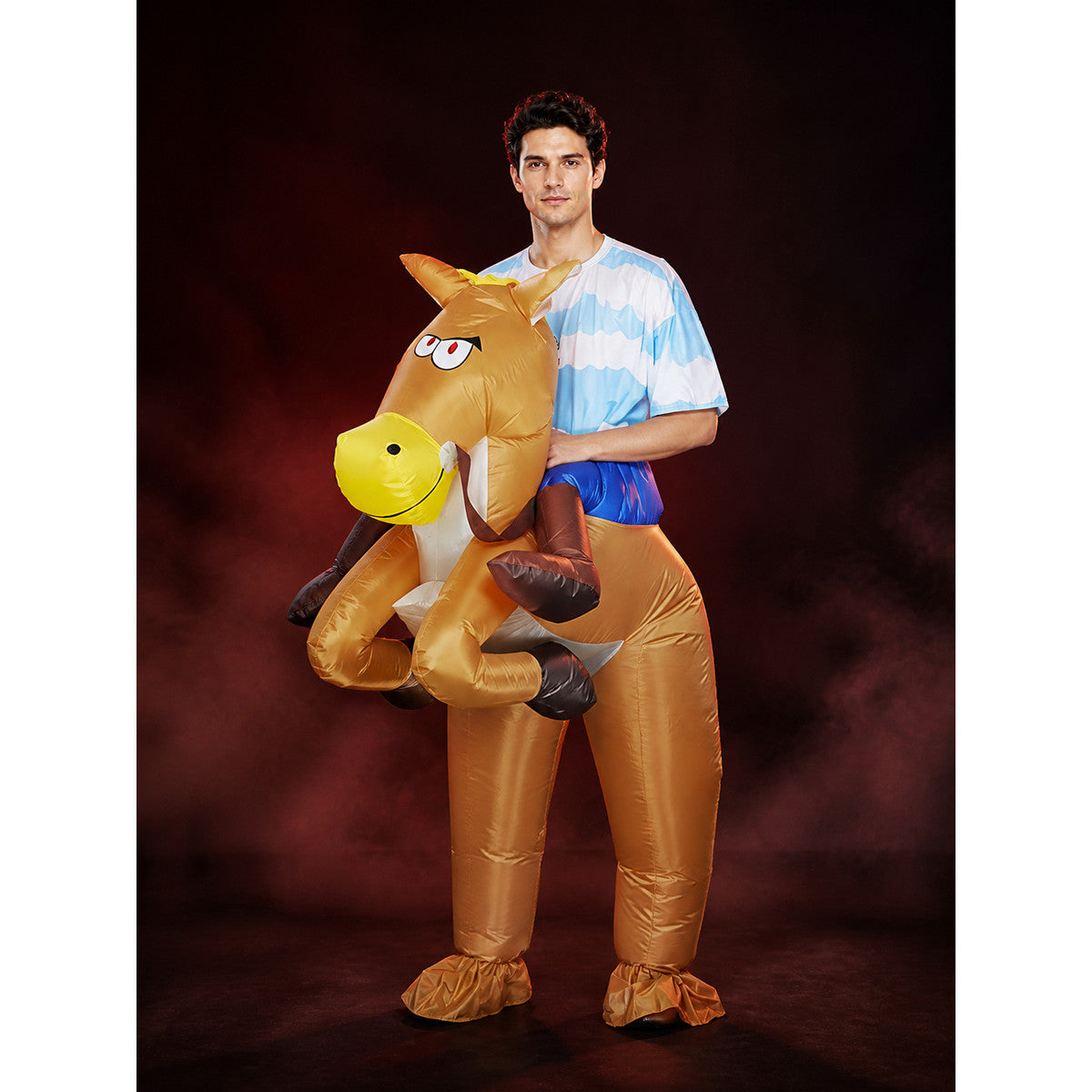 Adult Horse Ride-On Inflatable Costume, Brown One-Piece Halloween Outfit main product view