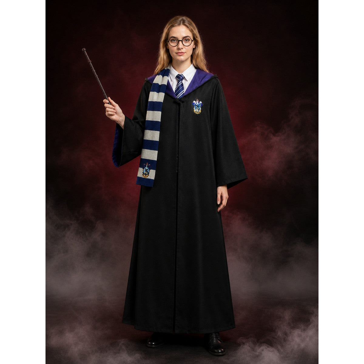 Long Black Hooded Wizard Robe Halloween Costume Set with White Shirt, Striped main product view