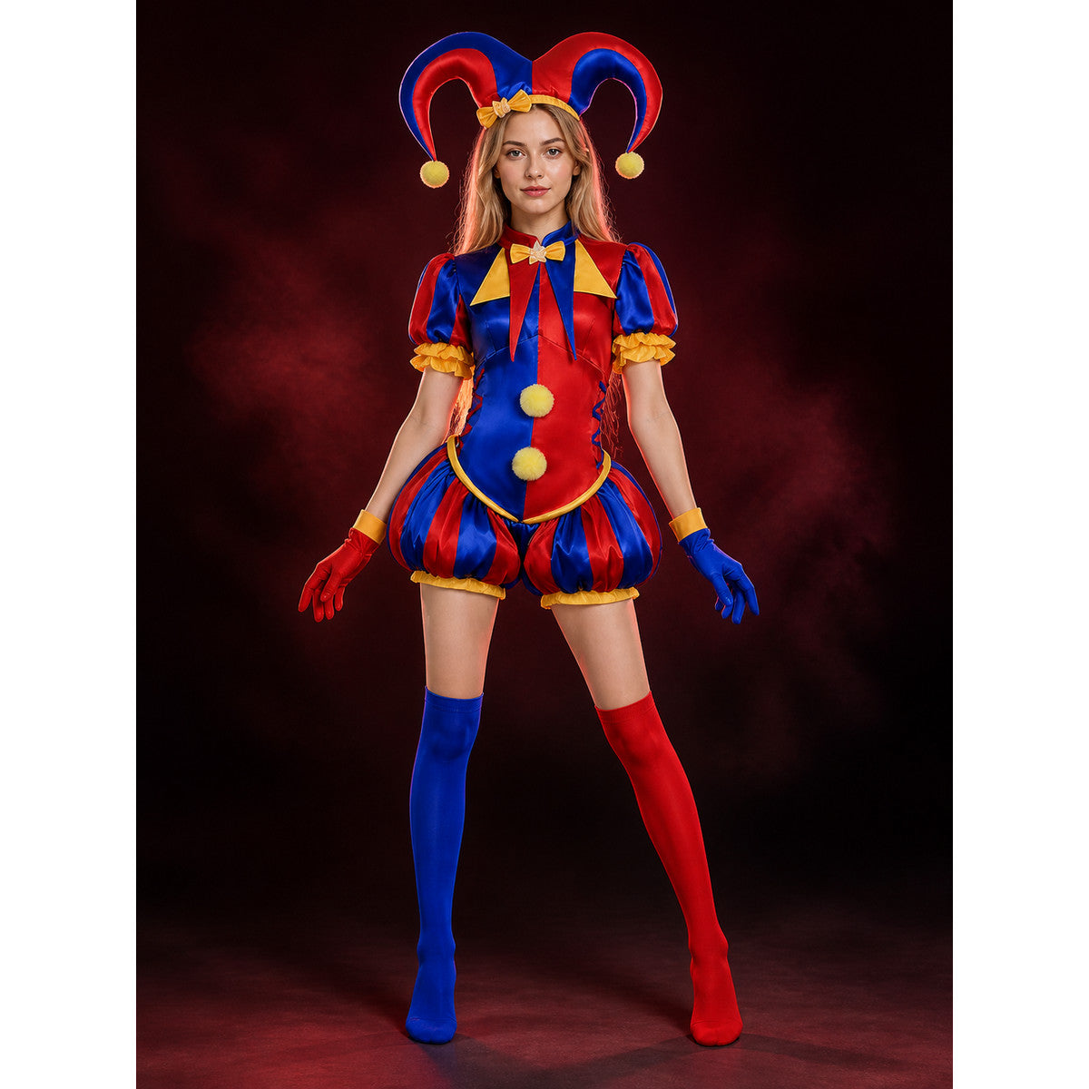 Pomni Clown Jumpsuit Costume, Puffy Sleeve with Hat, Gloves & Booties, Red Blue main product view