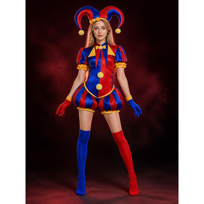 Pomni Clown Jumpsuit Costume, Puffy Sleeve with Hat, Gloves & Booties, Red Blue main product view