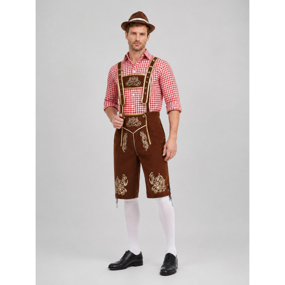 Bavarian Costume with Embroidery: Shirt, Shorts, and Hat Costume Headwear detail